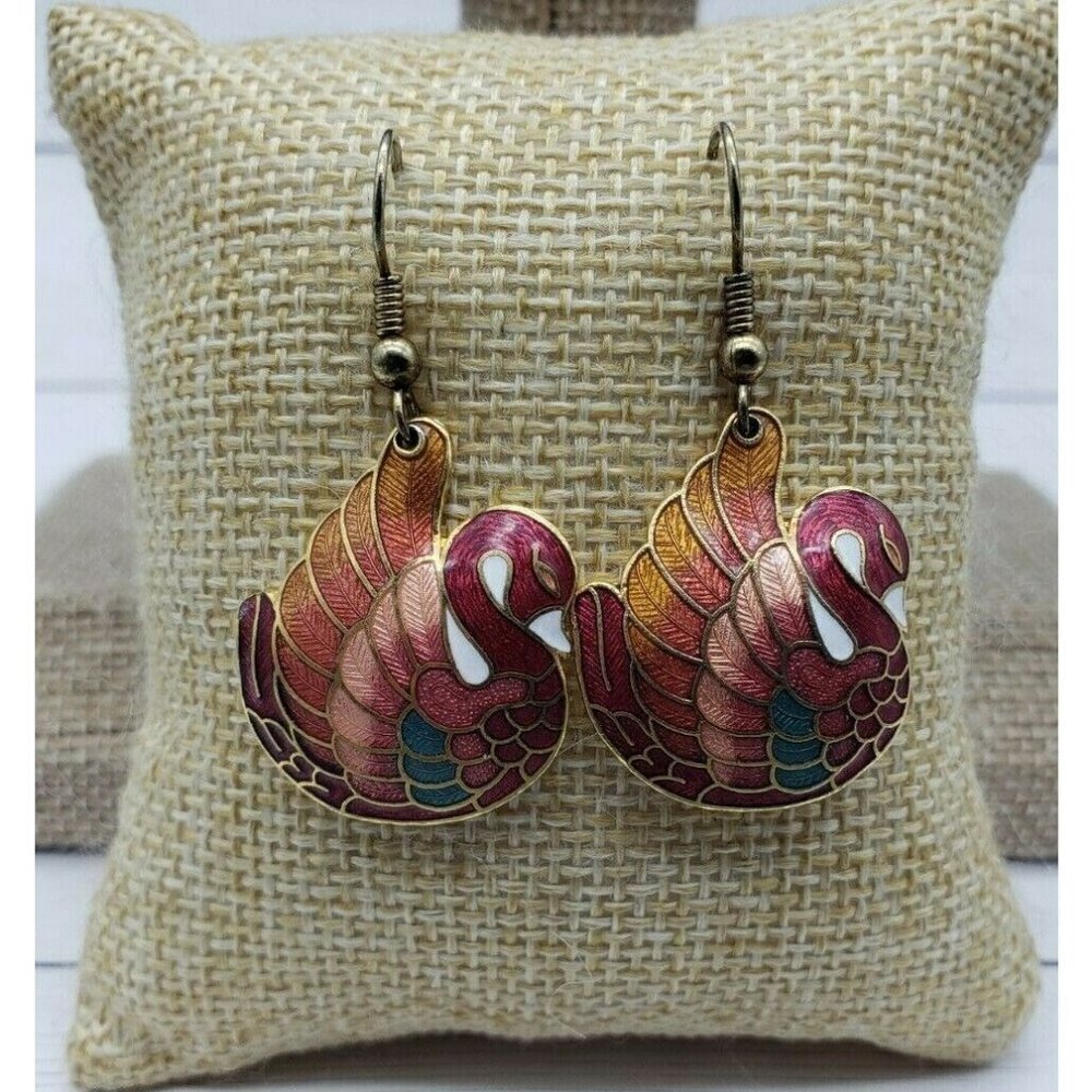 Pink & Gold Tone Swan Dangle Earrings Hooks 1.25 in.